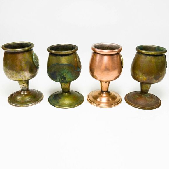 VINTAGE COPPER SET 4/6 CORDIAL SHOT GLASSES GOBLET TRAY MAYAN AZTEC CALENDAR - Picture 10 of 12